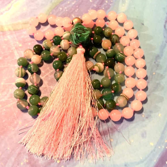 108 Knotted Bead Mala - Rose Quartz & Green Lace Agate W/Malachite Guru - Picture 5 of 5
